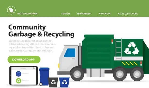 Vector illustration of Community Garbage and Recycling App design template layout with garbage truck
