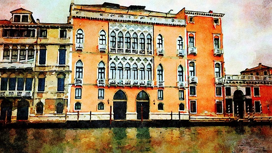 Watercolor that represents a glimpse of the historic buildings of Venice overlooking the grand canal