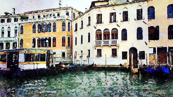 Watercolor that represents a glimpse of the historic buildings of Venice overlooking the grand canal