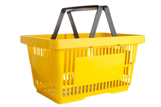 istock Yellow plastic shopping basket isolated on white background 1203411293