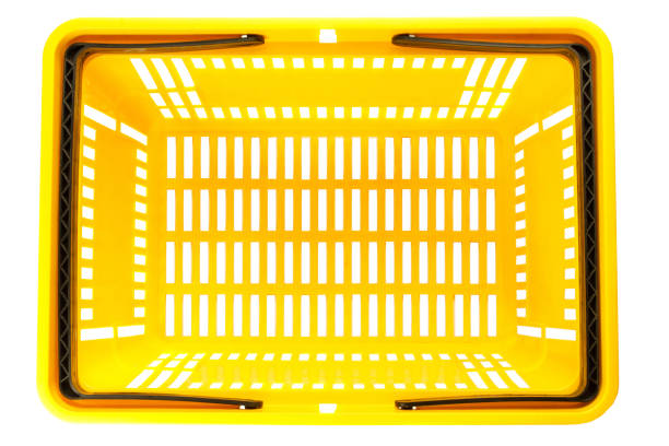 Overhead view of empty plastic shopping basket isolated on white background