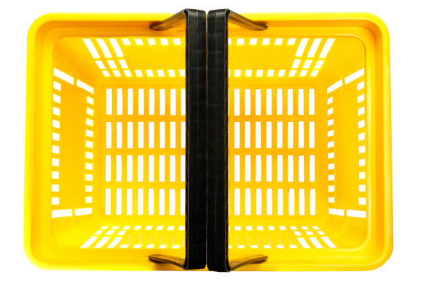 istock Overhead view of empty plastic shopping basket isolated on white background 1203411307