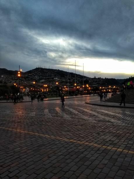 Plaza de Armas at night, Cusco, Peru stock photo
