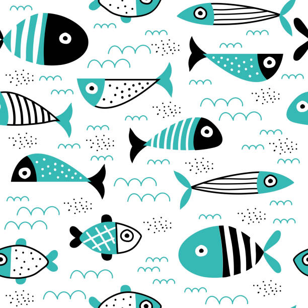 ilustraciones, imágenes clip art, dibujos animados e iconos de stock de patrón sin costuras con peces creativos y coloridos - blue christmas backgrounds humor