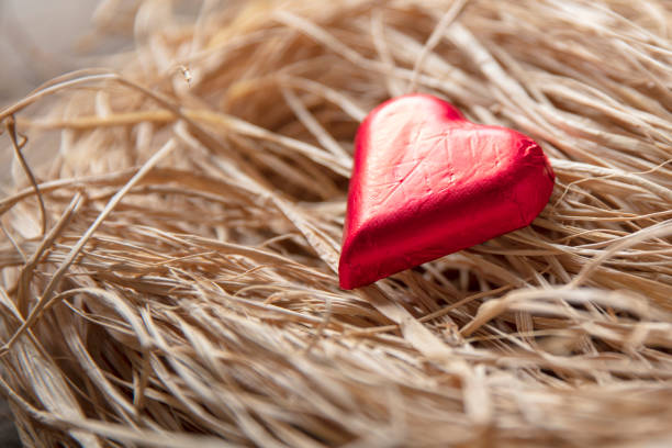 Chocolate red heart shape. valentines day, love, romantic concepts idea on wicker texture.