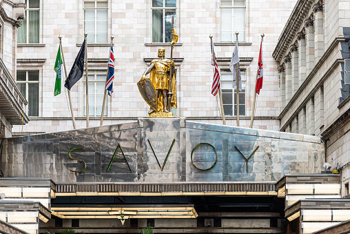 London, UK - September 12, 2018: Closeup of Savoy Theatre sign closeup on building exterior in Covent Garden