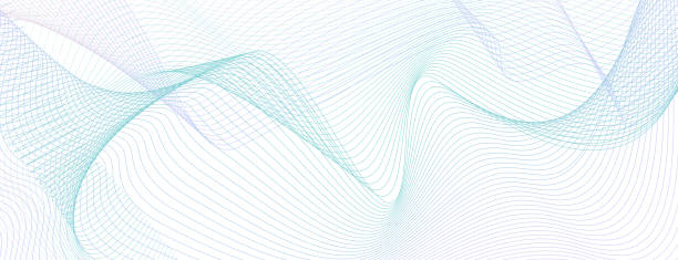 컬러 산업 라인 아트 패턴입니다. 얇은 청록색, 보라색 기술은 흰색에 곡선. 수표, 티켓, 배너, 인증서, 쿠폰, 바우처에 대한 추상 벡터 배경. 워터 마크 디자인. eps10 일러스트 - abstract communication wave pattern striped stock illustrations
