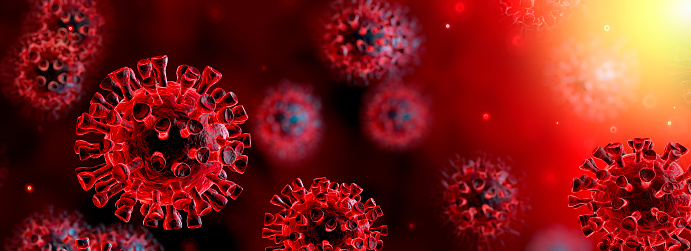 Corona Virus In Red Background - Microbiology And Virology Concept - 3d Rendering photo