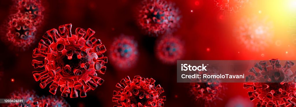 紅色背景中的冠狀病毒 - 微生物學和病毒學概念 - 3d 渲染 - 免版稅2019冠狀病毒病圖庫照片