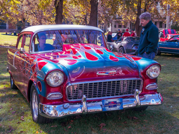 1955 chevrolet bel air - collectors car front view chevrolet bel air horizontal imagens e fotografias de stock