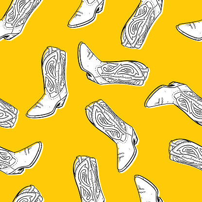 Vector illustration of hand drawn boots in a repeating pattern against a yellow background.