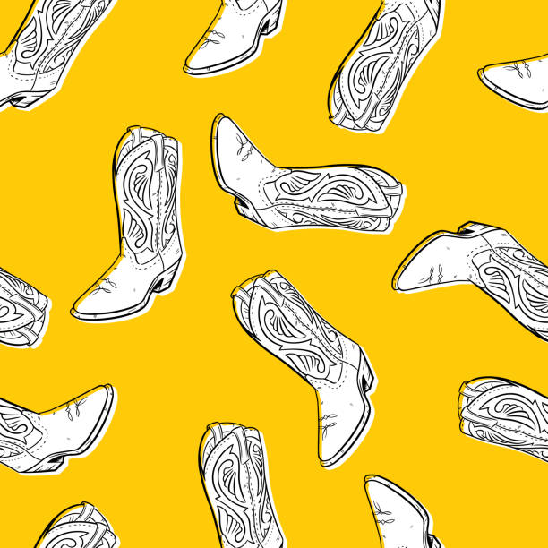 Hand Drawn Boot Pattern Vector illustration of hand drawn boots in a repeating pattern against a yellow background. cowboy boot pattern stock illustrations