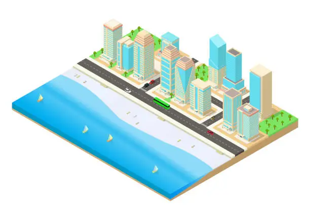 Vector illustration of vector isometric illustration of a city beside the seaside