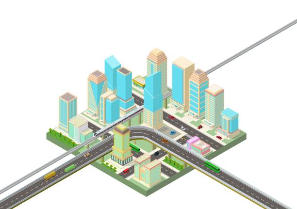istock isometric Smart city with skyscrapers, highway and transport 1203438328