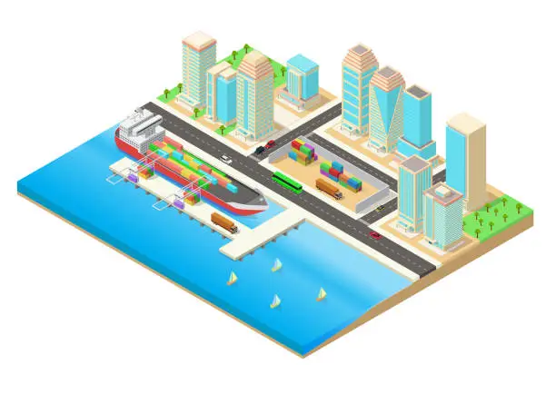 Vector illustration of vector isometric illustration of a city beside the seaside and harbor