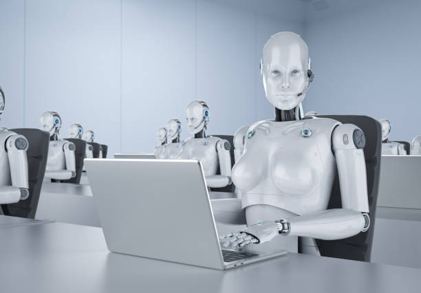 istock Female cyborgs in office 1203441095