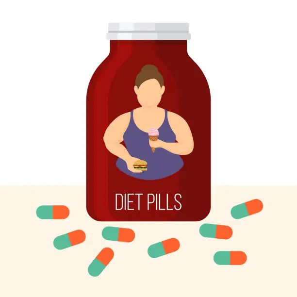 Vector illustration of Diet pills vector illustration. Fat person on bottle of diet pil