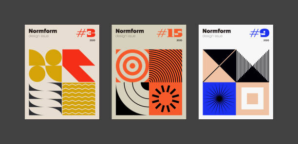 Modernism Design Vector Cover Mockup Contemporary graphic design of books vector cover mockup set created in modernism and minimalistic brutalism style, useful for poster art, magazine front page, decorative print, web banner artwork. modern magazine layout stock illustrations