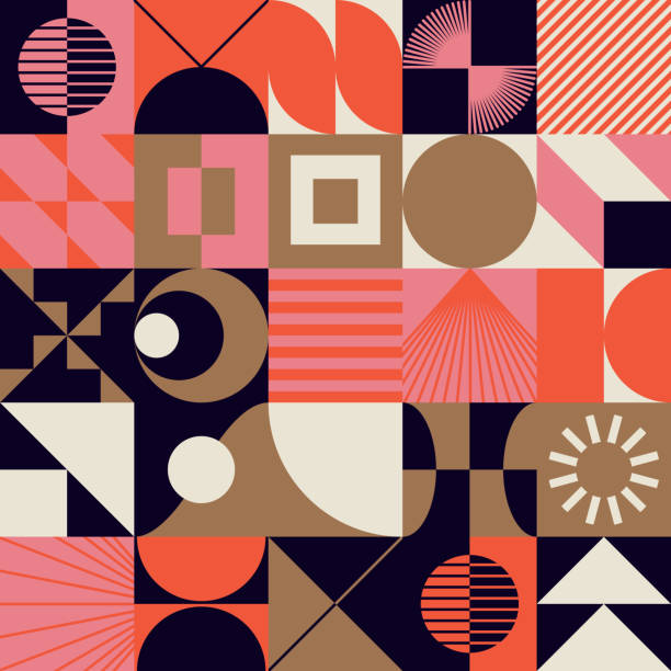 Neo Modernism Artwork Pattern Design Neo Modernism artwork pattern made with abstract vector geometric shapes and forms. Simple form bold graphic design, useful for web art, invitation cards, posters, prints, textile, backgrounds. funky illustrations stock illustrations