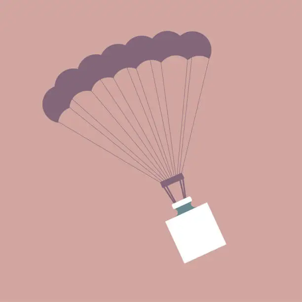 Vector illustration of Airdrop huge weights using parachute. Isolated on brown background.