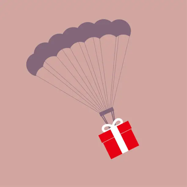 Vector illustration of Airdrop gifts using parachute. Isolated on brown background.