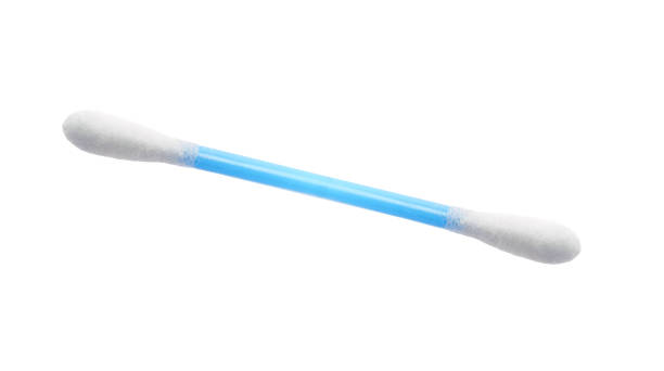istock Single blue cotton bud isolated on white background. A clean cotton bud in closeup 1203446428