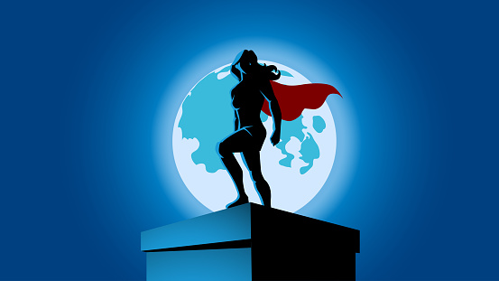Vector Female Superhero Silhouette with Moon Background Stock Illustration