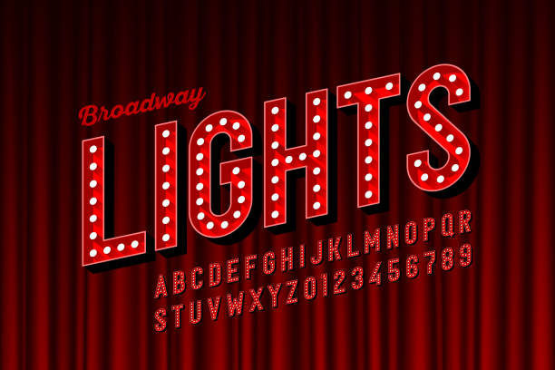 Broadway lights retro style font Broadway lights retro style font with light bulbs, vintage alphabet letters and numbers vector illustration musical theater stock illustrations