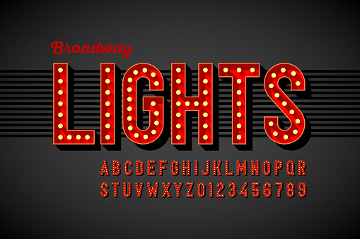 Broadway lights retro style font with light bulbs, vintage alphabet letters and numbers vector illustration