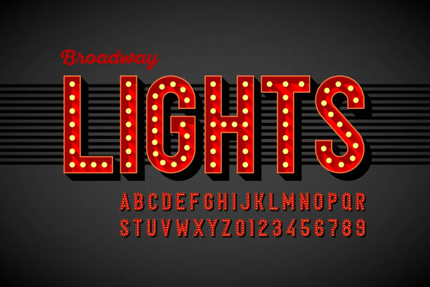 Broadway lights retro style font Broadway lights retro style font with light bulbs, vintage alphabet letters and numbers vector illustration lighted sign stock illustrations