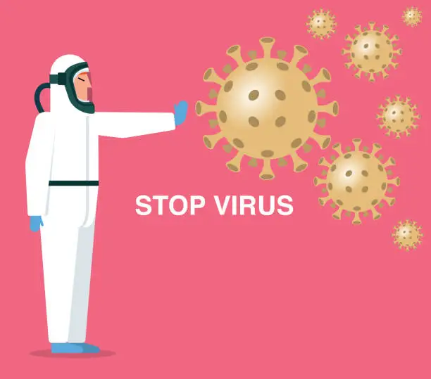 Vector illustration of Man in chemical protection suit stops the virus