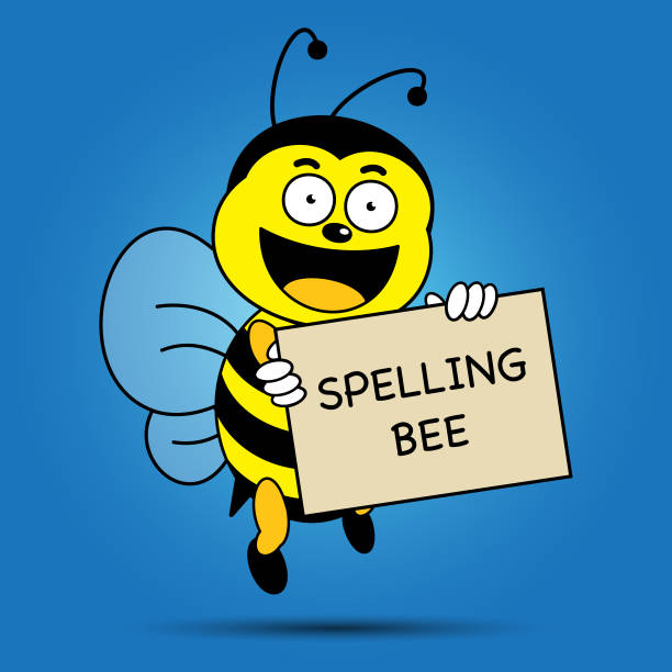 bee holding a board written with spelling bee Illustration of a bee holding a board written with spelling bee spelling bee stock illustrations