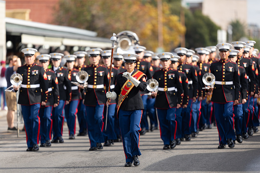 New Orleans, Louisiana, USA - November 30, 2019: Bayou Classic Parade, Members of the United States Marine Corps Marching Band, performing at the parade