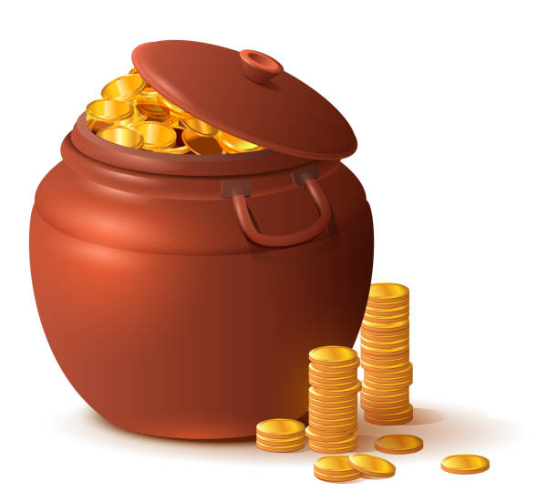 istock Large close ceramic pot with lid full of gold coins 1203481712