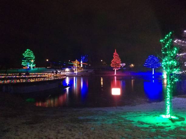 istock Christmas lights on trees at night in a park with reflection on lake with a bridge 1203482142