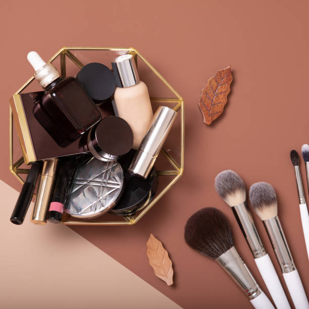 istock Modern flat lay collection with cosmetics on light beige background for lifestyle design. Cosmetic and beauty product. Skin care luxury cosmetics concept. 1203482152