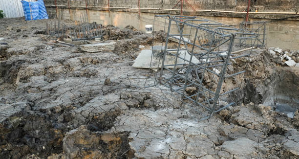 istock over view construction site building house. Start make foundation piles. Prepare block steel on ground 1203485523