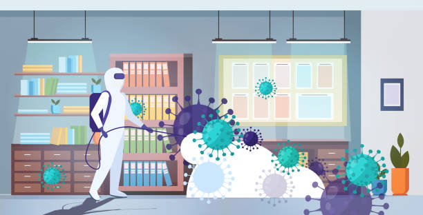 ilustrações, clipart, desenhos animados e ícones de especialista em limpeza de traje hazmat desinfetando células coronavírus epidemia mers-cov escritório interior wuhan 2019-ncov pandemic saúde risco de saúde horizontal - immune cell