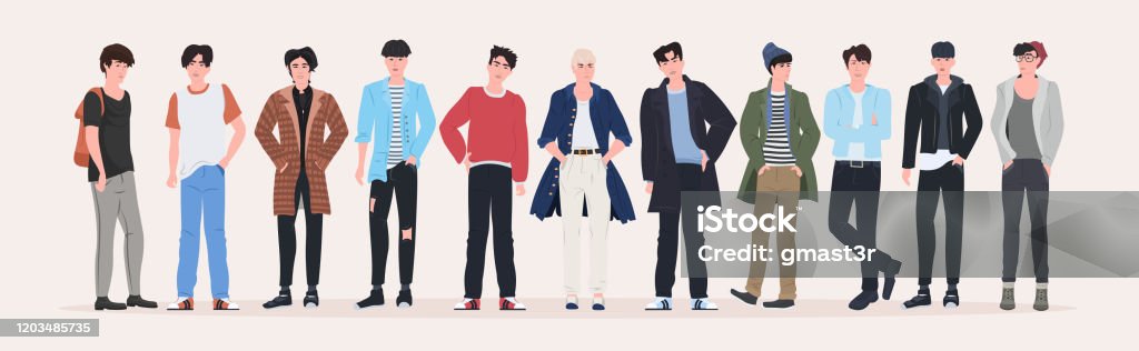 Beautiful Men Group Standing Together Attractive Guys Male Cartoon  Characters In Fashion Clothes Full Length Flat Horizontal Stock  Illustration - Download Image Now - iStock