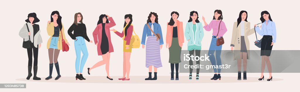 Beautiful Women Group Standing Together Attractive Girls Female Cartoon Characters In Fashion Clothes Full Length Flat Horizontal Stock Illustration - Download Image Now - iStock Beautiful Women Group Standing Together Attractive Girls Female Cartoon Characters In Fashion Clothes Full Length Flat Horizontal Stock Illustration - Download Image Now - iStock