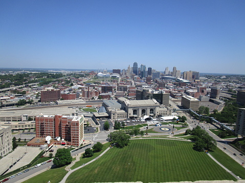 Bird's eye view of Union Station and Kansas City, MO when the sky was clear and blue.