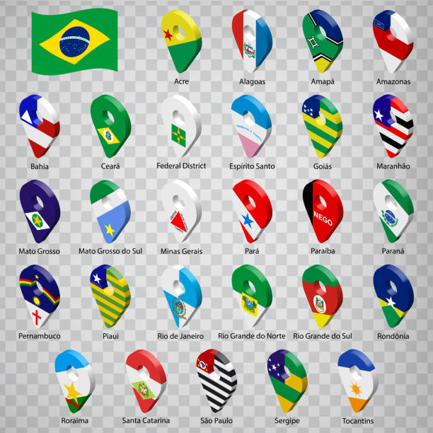 ilustraciones, imágenes clip art, dibujos animados e iconos de stock de veintisiete banderas estados de brasil - orden alfabético con nombre.  conjunto de señales de geolocalización 3d como banderas estados de brasil.  veintisiete señales de geolocalización 3d para su diseño, logotipo. eps10. - amazonas state