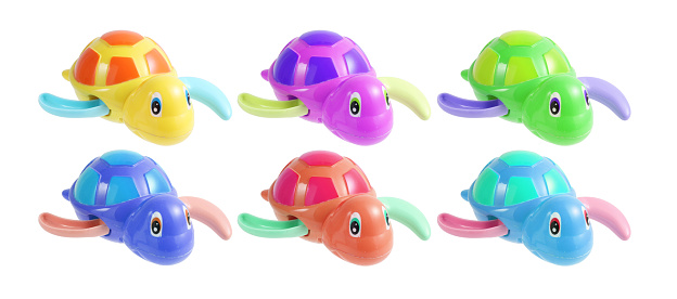 Group of plastic turtle toy isolated on white background, Toy for play in bathtub