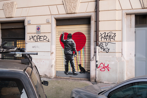 Rome, Italy - Jan 2, 2020: Street art in Rome, Italy.