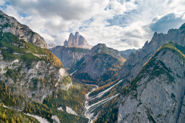 Aerial view of the valley leading to the famous Tre Cime di Lavaredo (Drei Zinnen) in Italy. Converted from RAW.
