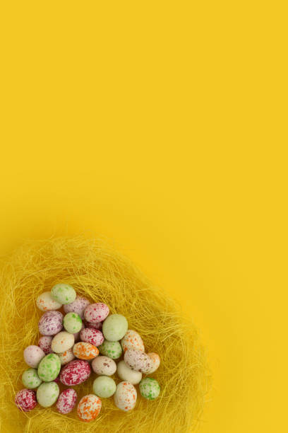 istock Multicolor decorated Easter eggs in a nest on a yellow background. Isolated. 1203496200