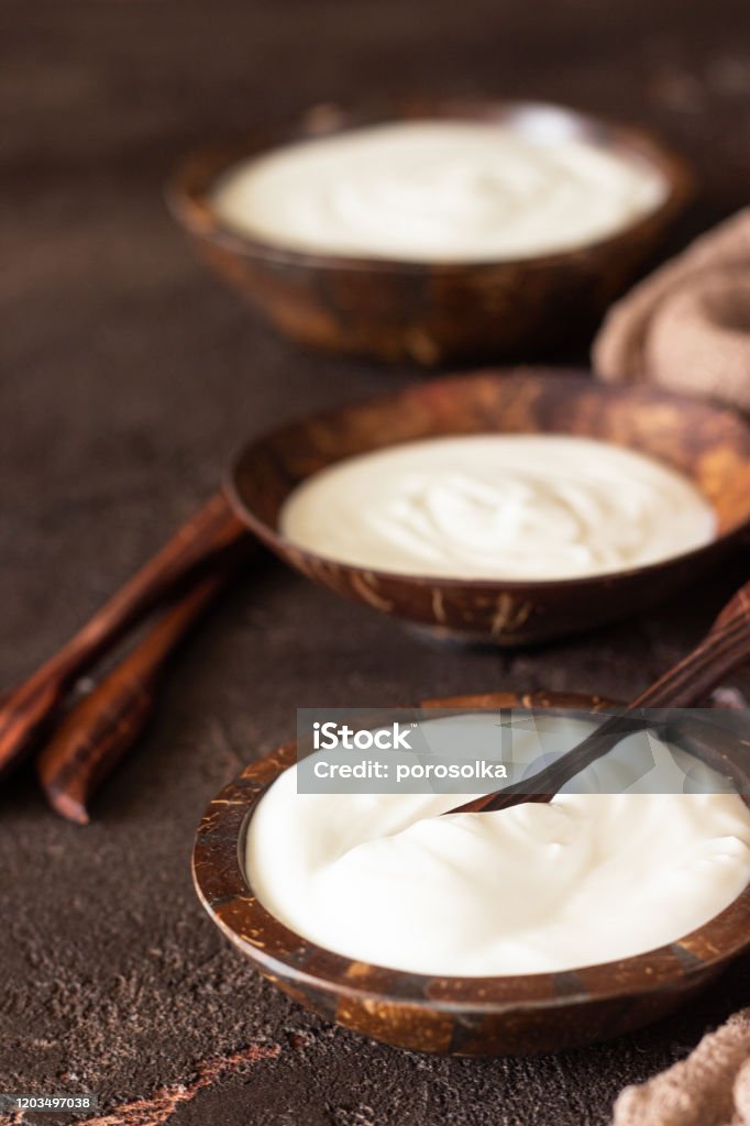 Natural homemade organic yogurt in coconut shell bowls on a slate background. Fresh and natural fermented milk product. Curd Cheese Stock Photo