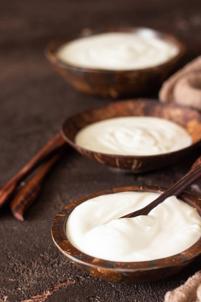 Natural homemade organic yogurt in coconut shell bowls on a slate background. Fresh and natural fermented milk product. Natural homemade organic yogurt in coconut shell bowls on a slate background. Fresh and natural fermented milk product. curd cheese photos stock pictures, royalty-free photos & images