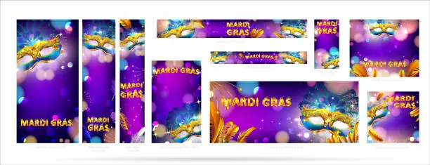 Vector illustration of Mardi gras carnival mask web banner ad poster background with bokeh effect for celebration greeting card, banner, flyer. - Vector