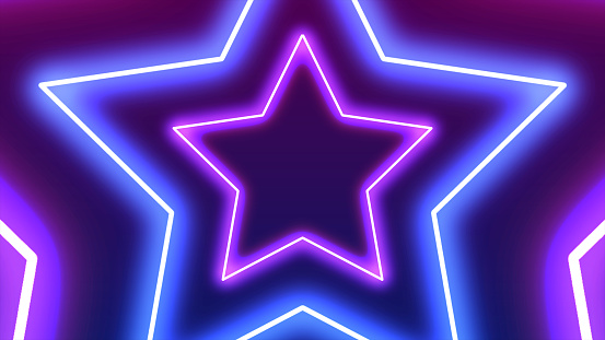 Star shape neon light frame with copy space. Futuristic 3D blue pink laser light frame stage background